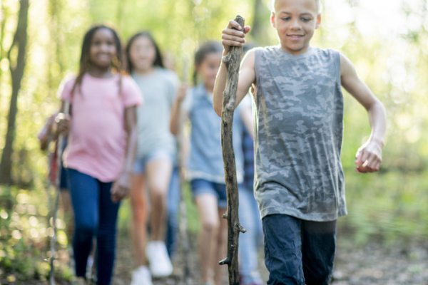 A boy and three girls walking in the woods with hiking sticks; out of focus trees are leafy green, suggesting summertime